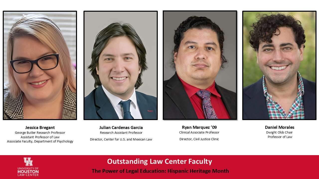 Outstanding Law Center faculty Jessica Bregant, Julian Cardenas Garcia, Ryan Marquez and Daniel Morales.
