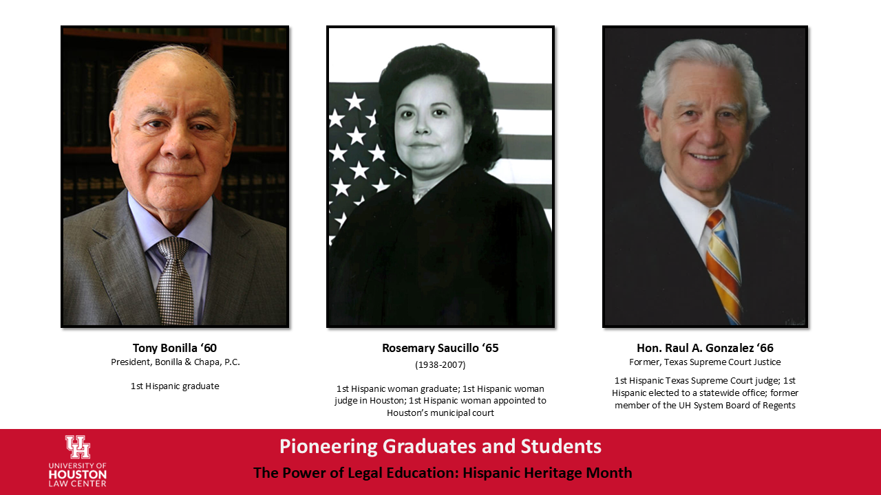 Pioneering graduates Tony Bonilla, Rosemary Saucillo and former Texas Supreme Court Justice Raul A. Gonzalez.