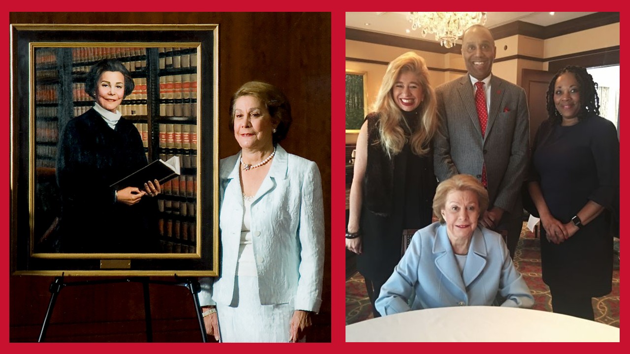 Justice Ruby Kless Sondock stands between two women at a formal event.