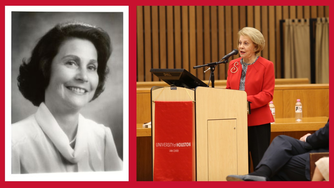 Portrait of Justice Ruby Kless Sondock beside a group photograph from a University of Houston Law Center event.