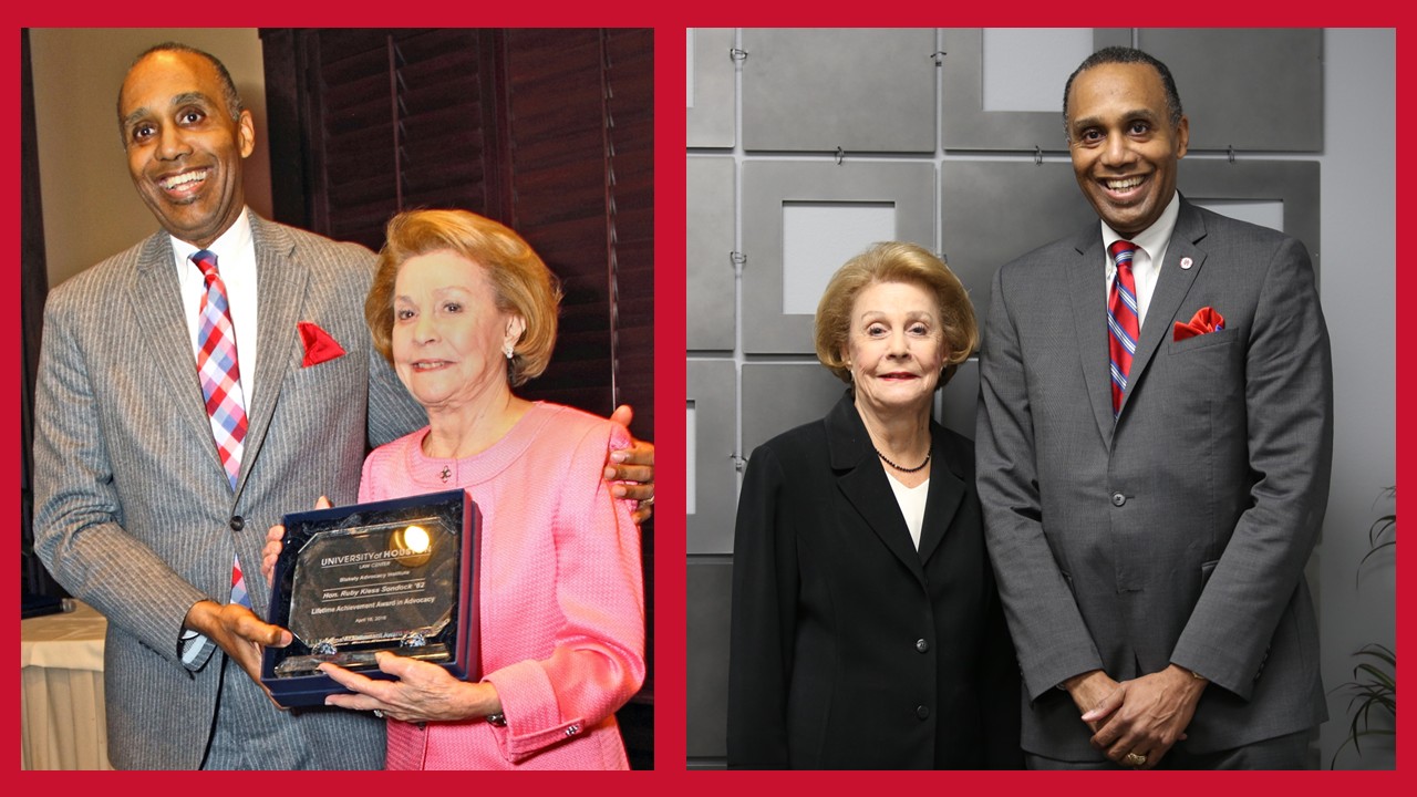 Justice Ruby Kless Sondock stands with University of Houston Law Center leaders and guests in a courtroom.